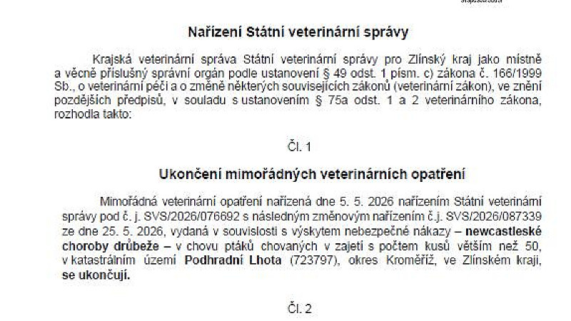 Ukončení mimořádných veterinárních opatření: newcastleská choroba drůbeže. 