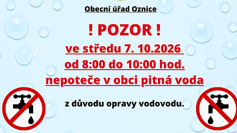 Ve středu 7.10. 8-10 hod. nepoteče v obci voda.